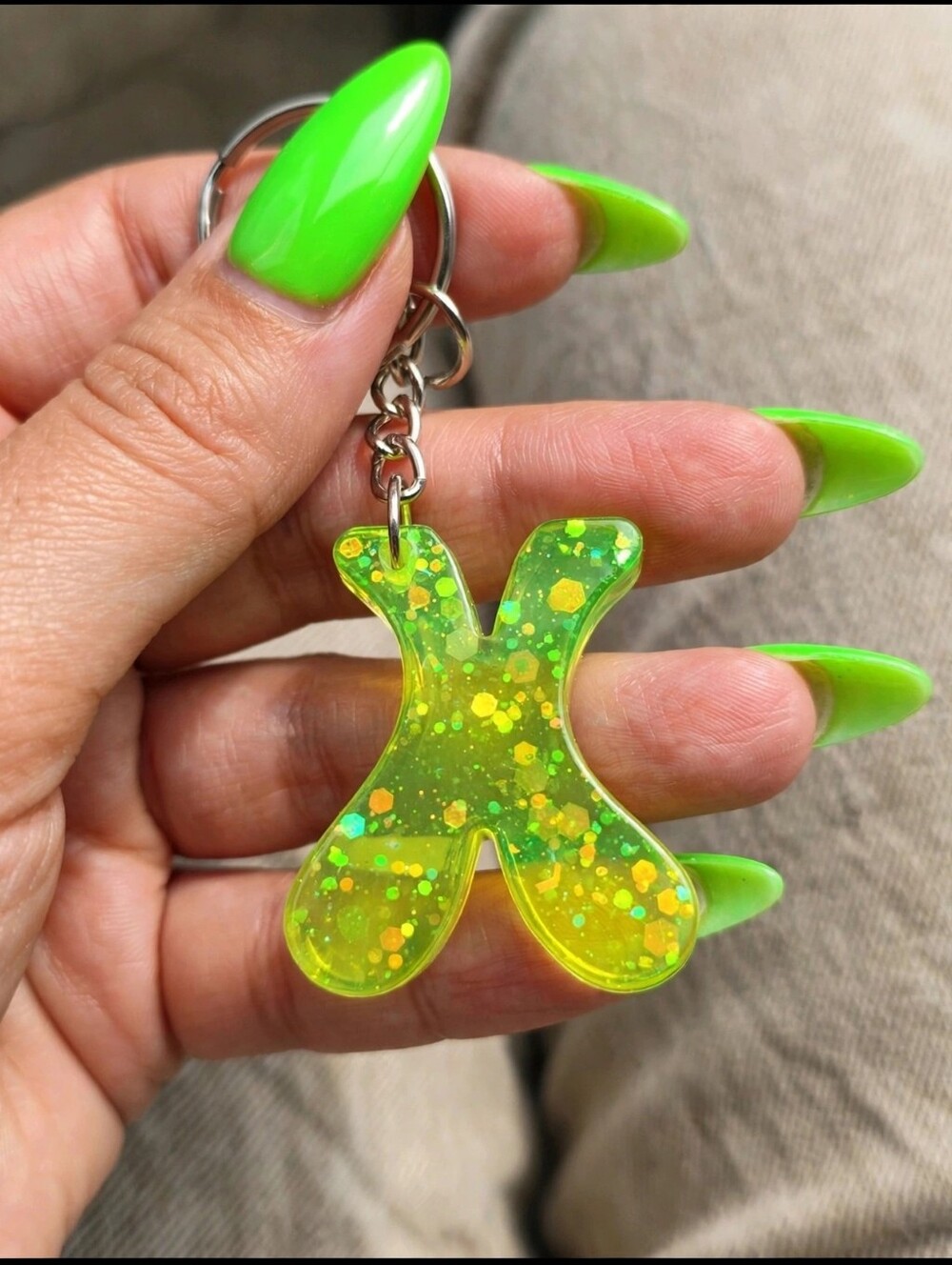 Neon Green Resin Letter X Keychain